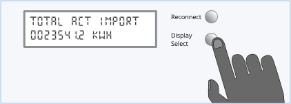 Electricity smart meter with two buttons to the right of the screen and one says 'reconnect'. The screen shows TOTAL ACT IMPORT 0023541.2 KWH.